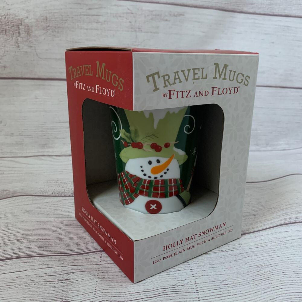Fitz and Floyd Holly Hat Snowman Travel Mug Porcelain Cup Silicone Lid 2015